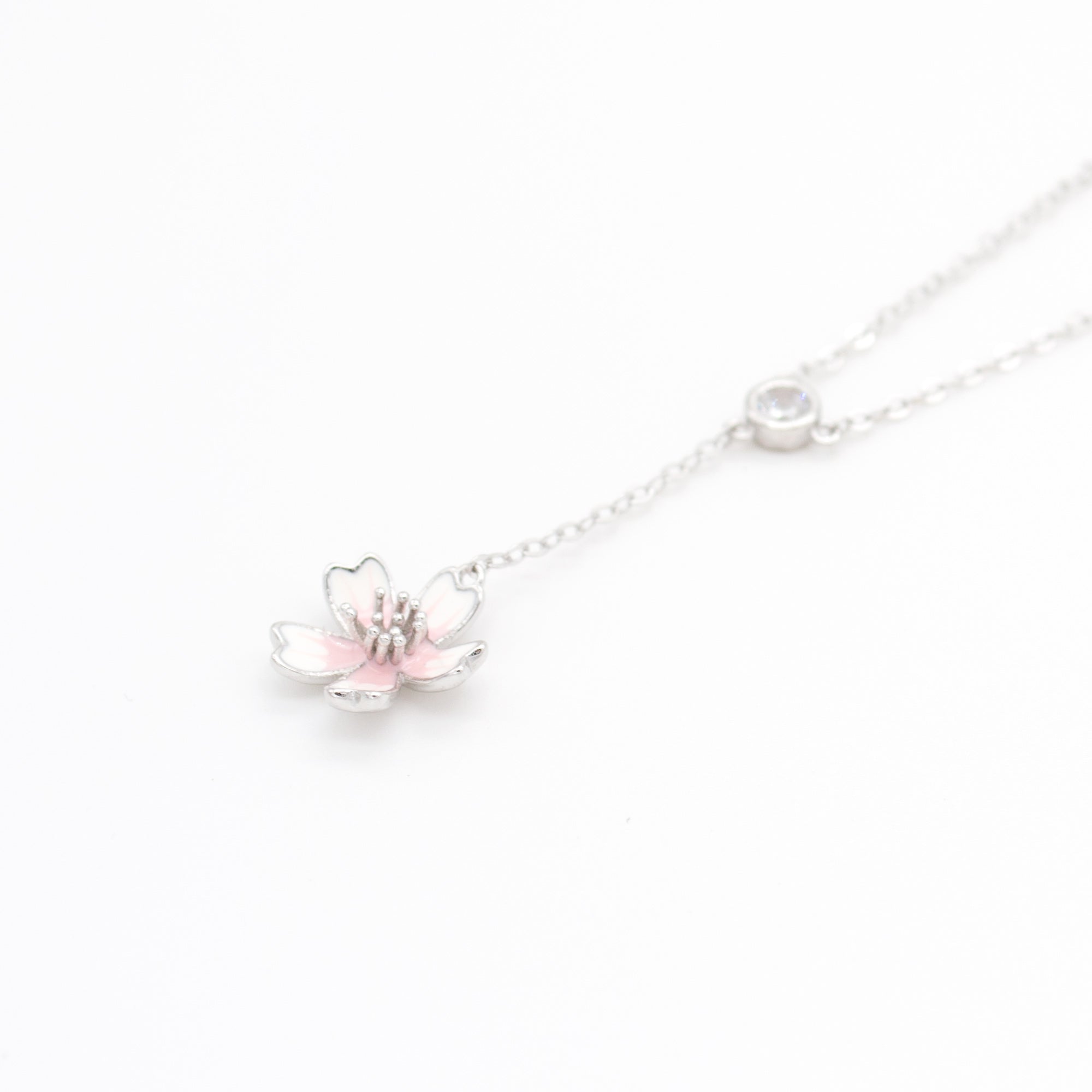 Jewdii Cherry blossom Pendant Chain Necklace with Cubic Stone & Enamel