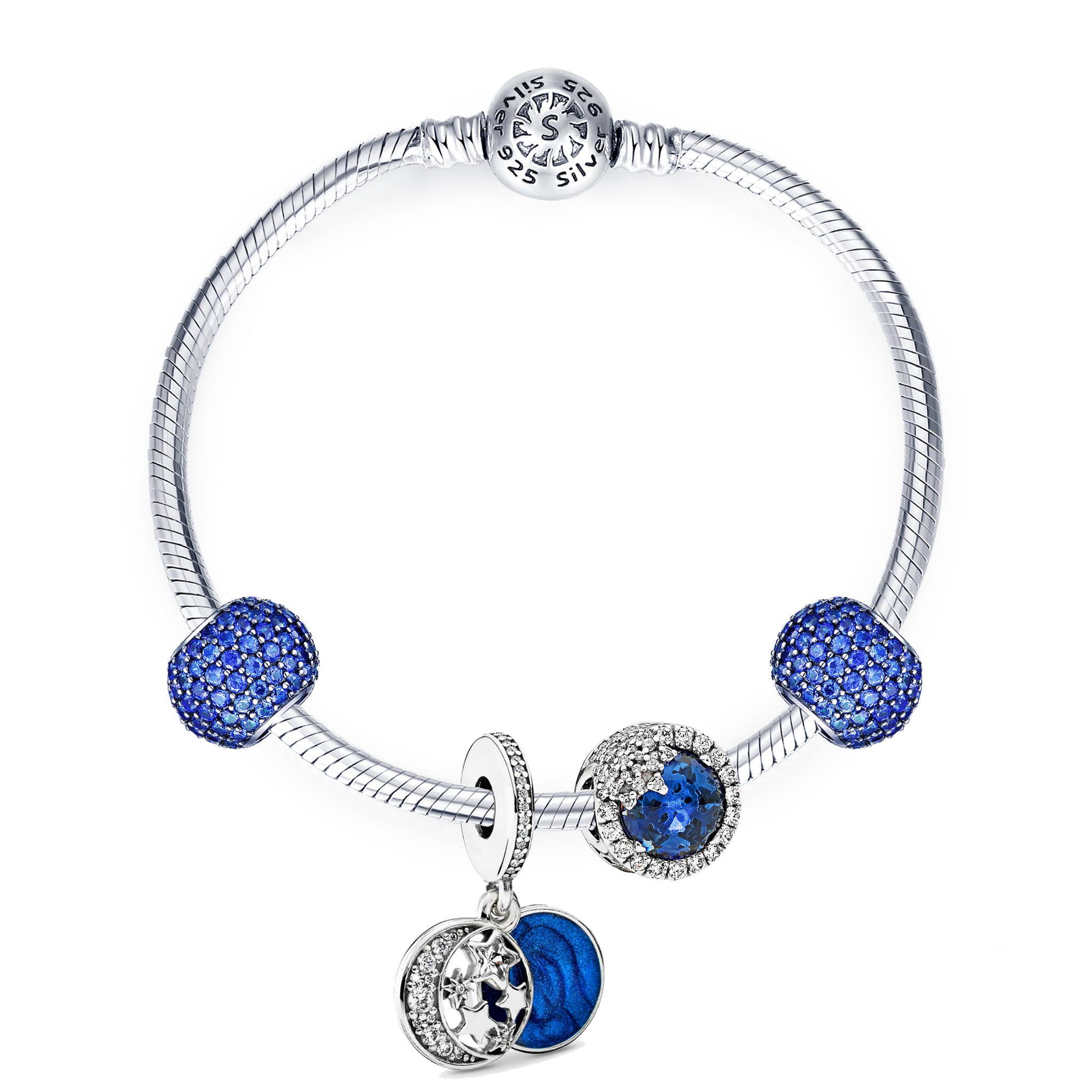 Jewdii 925 Silver Blue Moon and Stars Bracelet and Charm Set