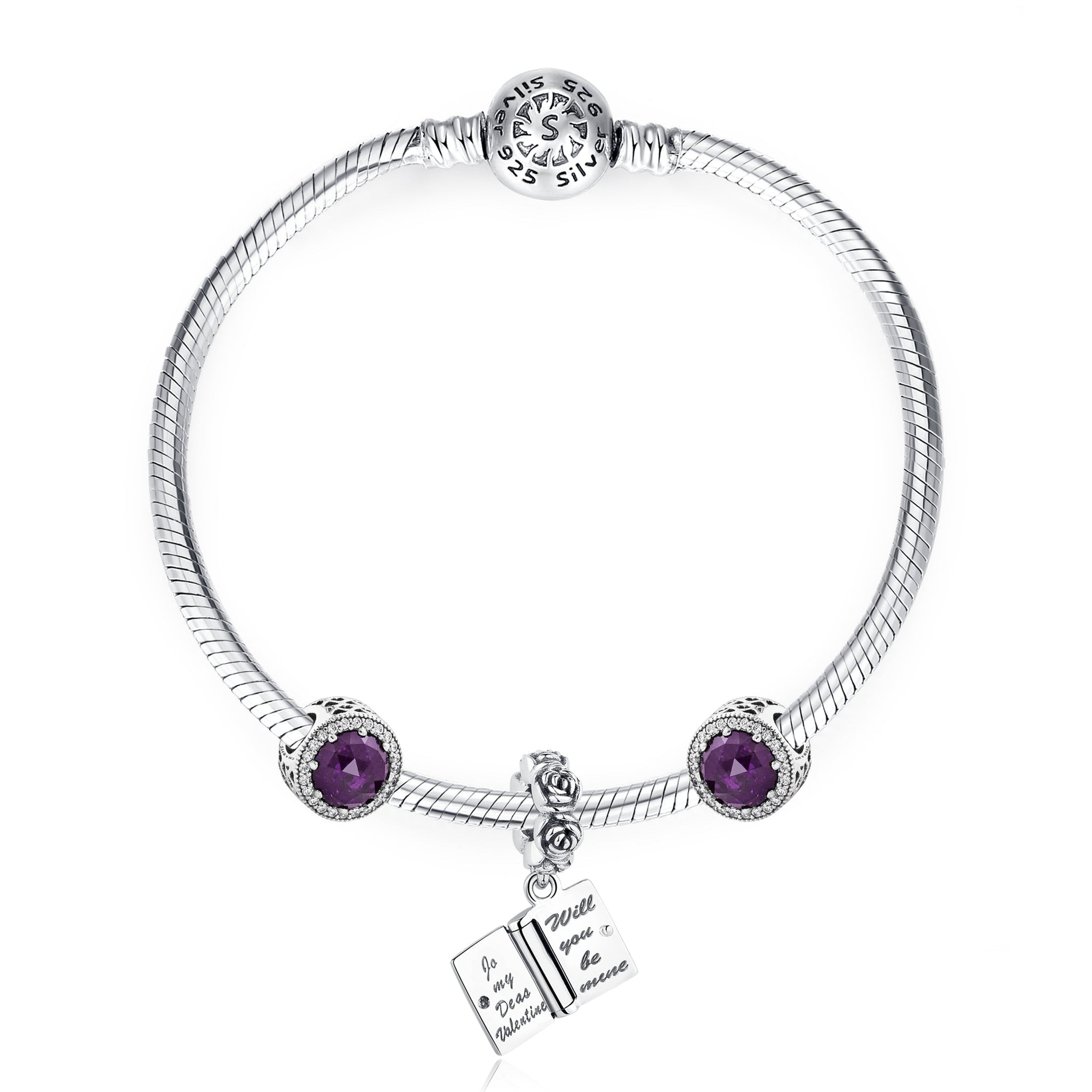 Jewdii 925 Sterling Silver Bracelet With Royal Purple Beads and Crystals Set