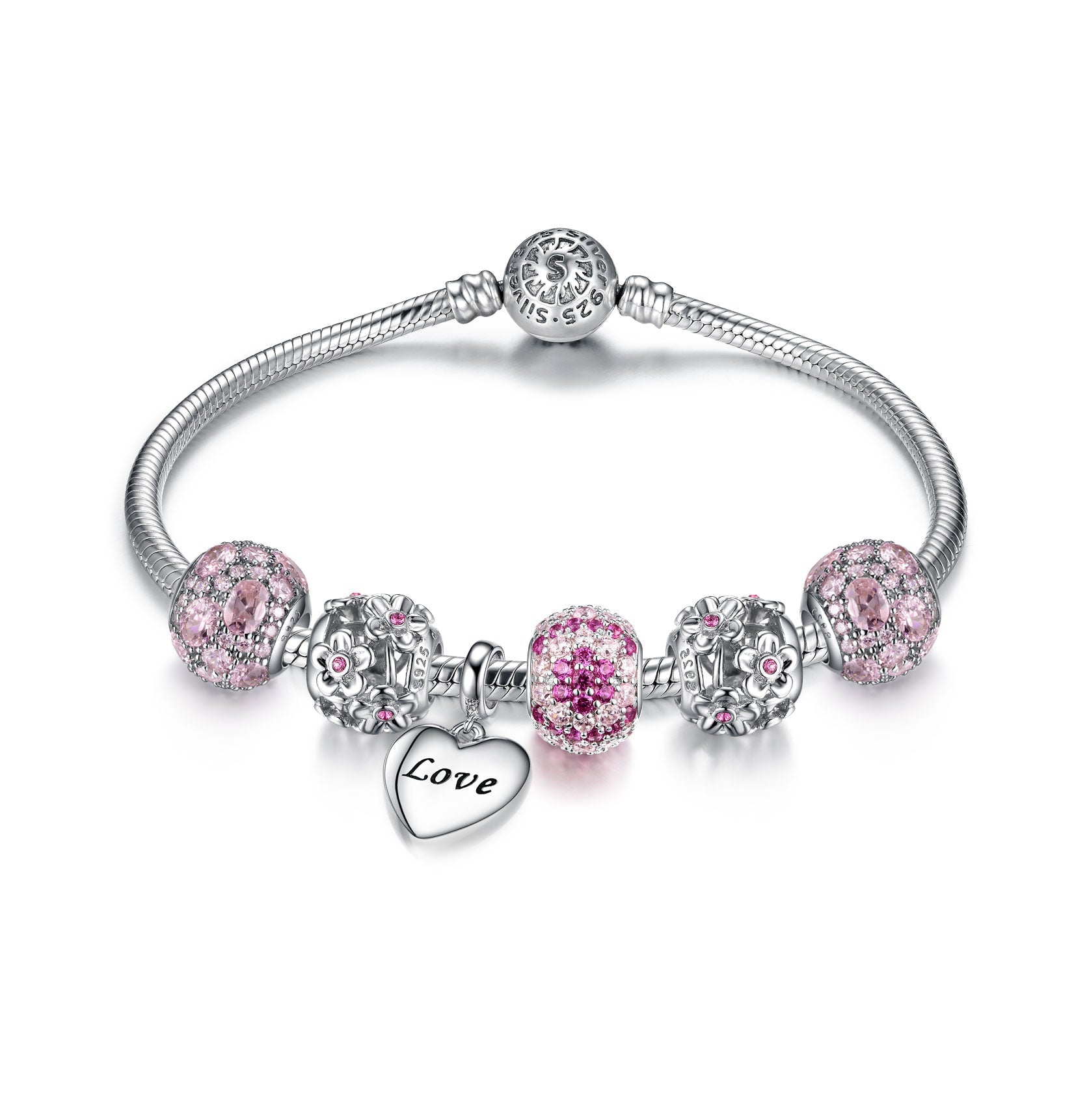 Jewdii 925 Sterling Silver Bracelet Pink Beads and Crystals Set