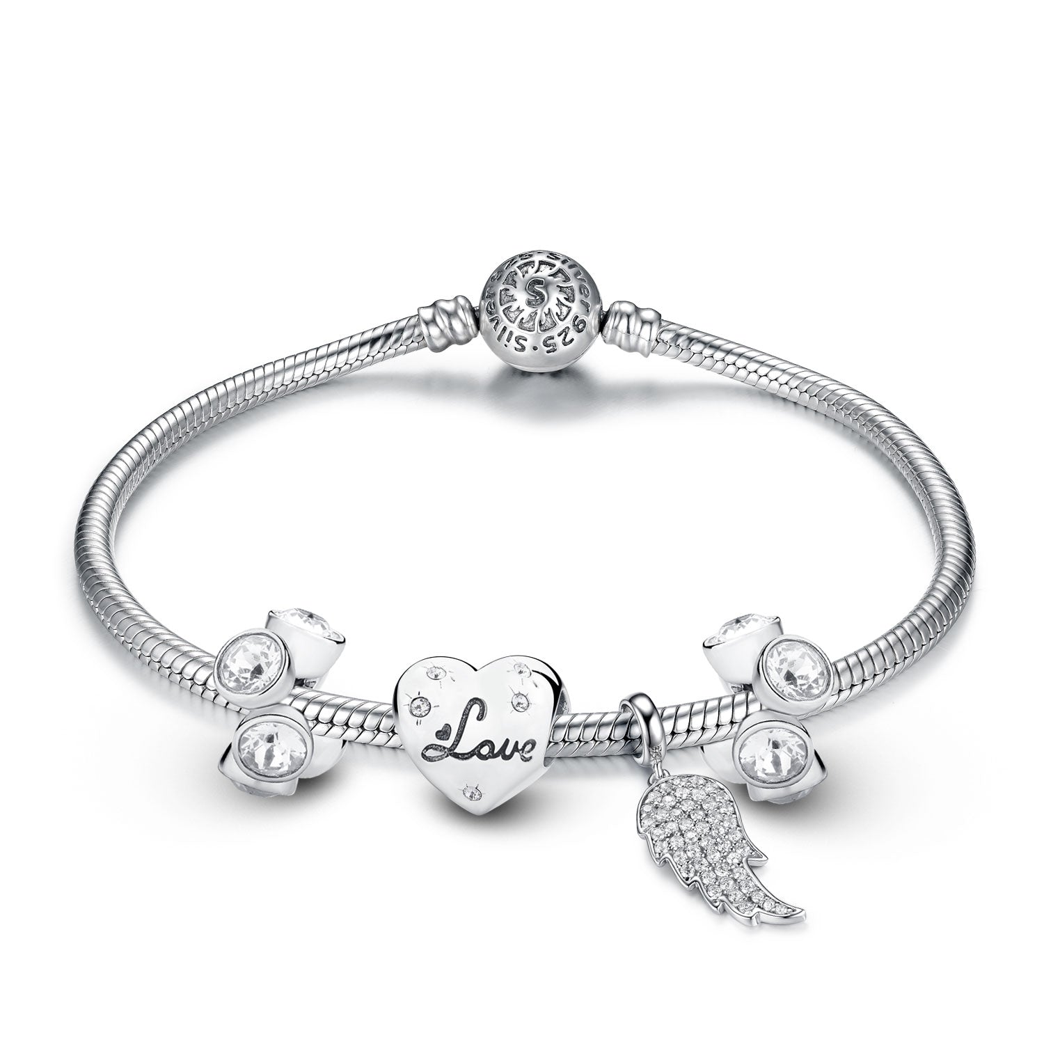 Jewdii 925 Sterling Silver Bracelet Love Leaf Beads and Crystals Set